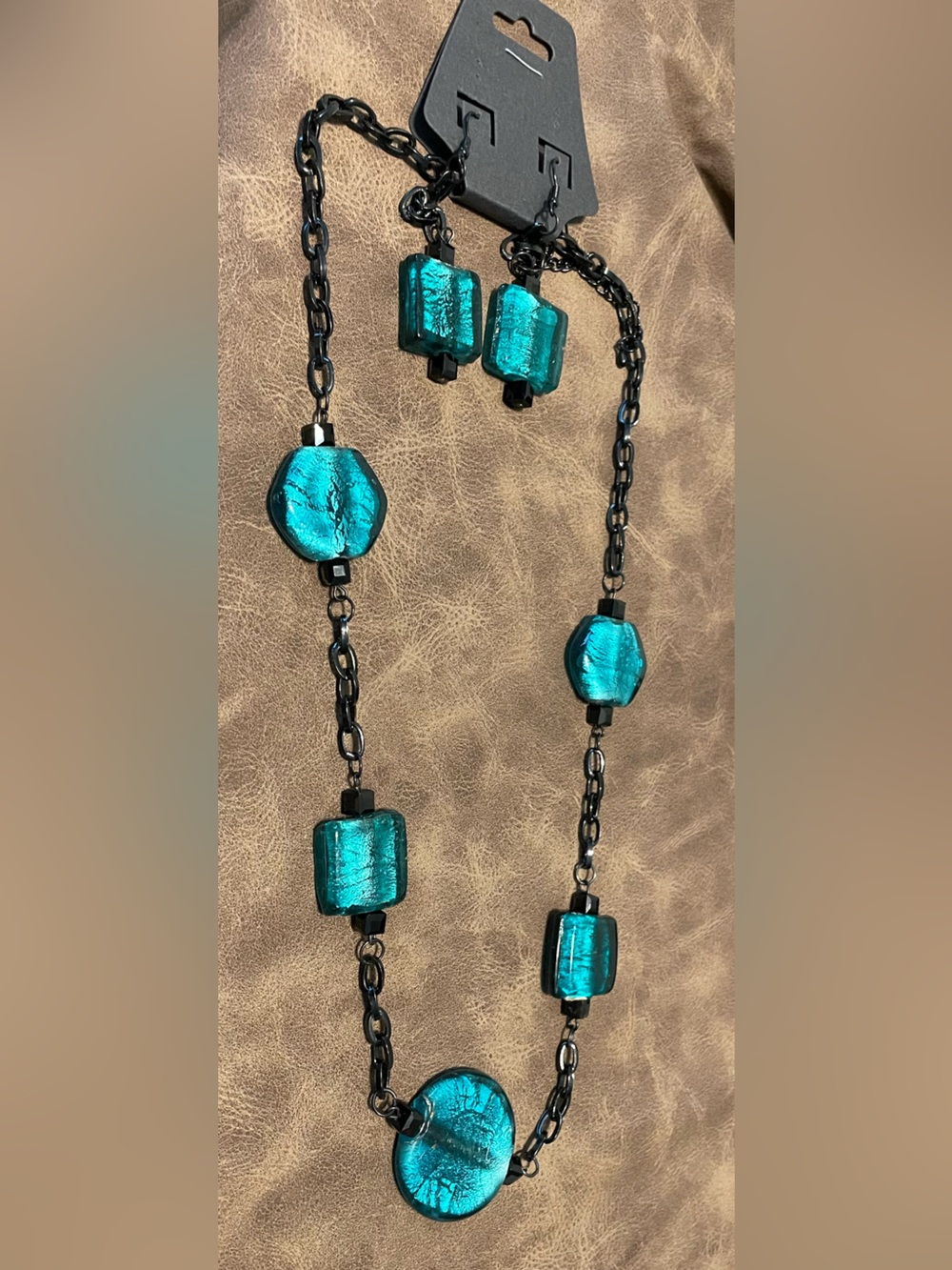 Teal Glass Bead Statement Black Metal Necklace & Earrings- Women Jewelry